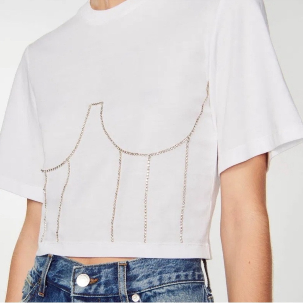 Sandro White Crop Top with Rhinestone Detail